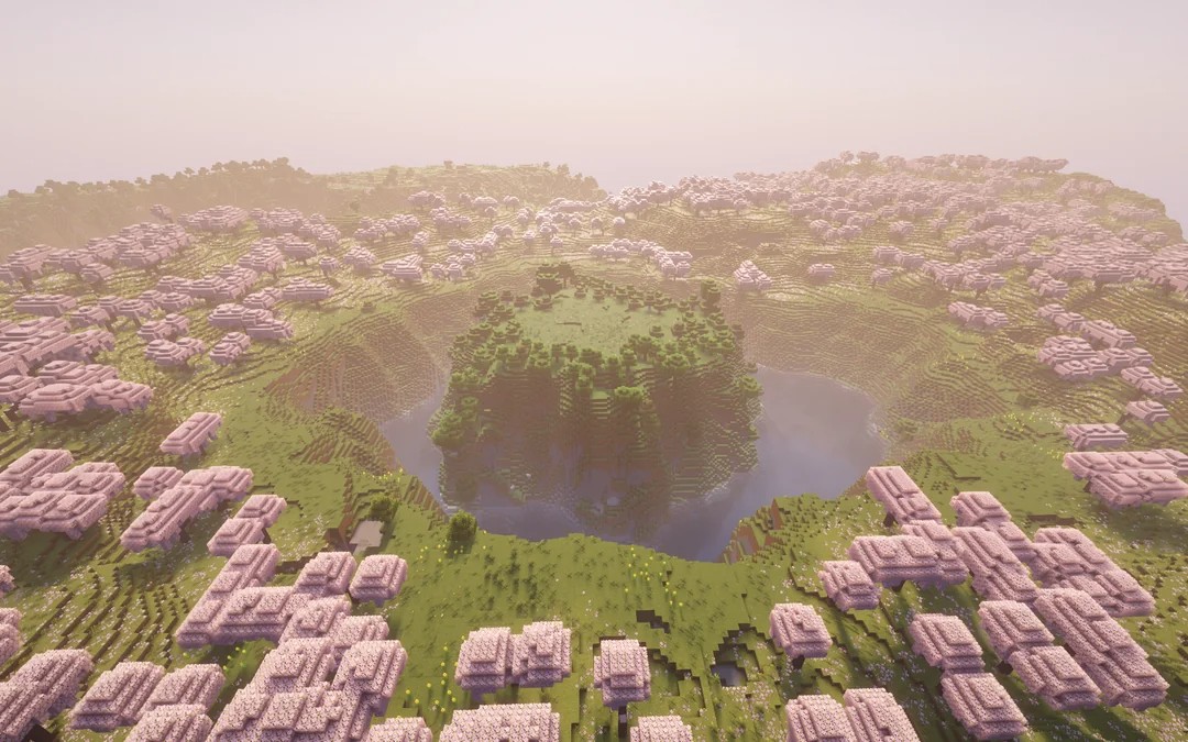 Stunning meadow and flower forest island spawn surrounded by perfect cherry grove ring - Minecraft seed 2048005618087379093