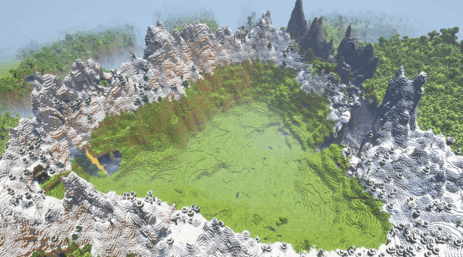 Minecraft Dorito-Shaped Valley Seed - Java 1.21.4 - Aerial view of a triangular valley surrounded by snow-capped mountains