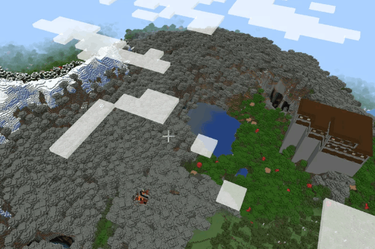 Minecraft Huge Pale Forest Biome & Woodland Mansion - Aerial view of a magnificent Woodland Mansion nestled against mountains in a pale forest biome