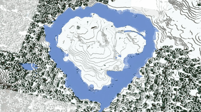 Aerial view of a natural ring-shaped frozen lake in Minecraft, perfect for ice boat racing - Compatible with Java & Bedrock