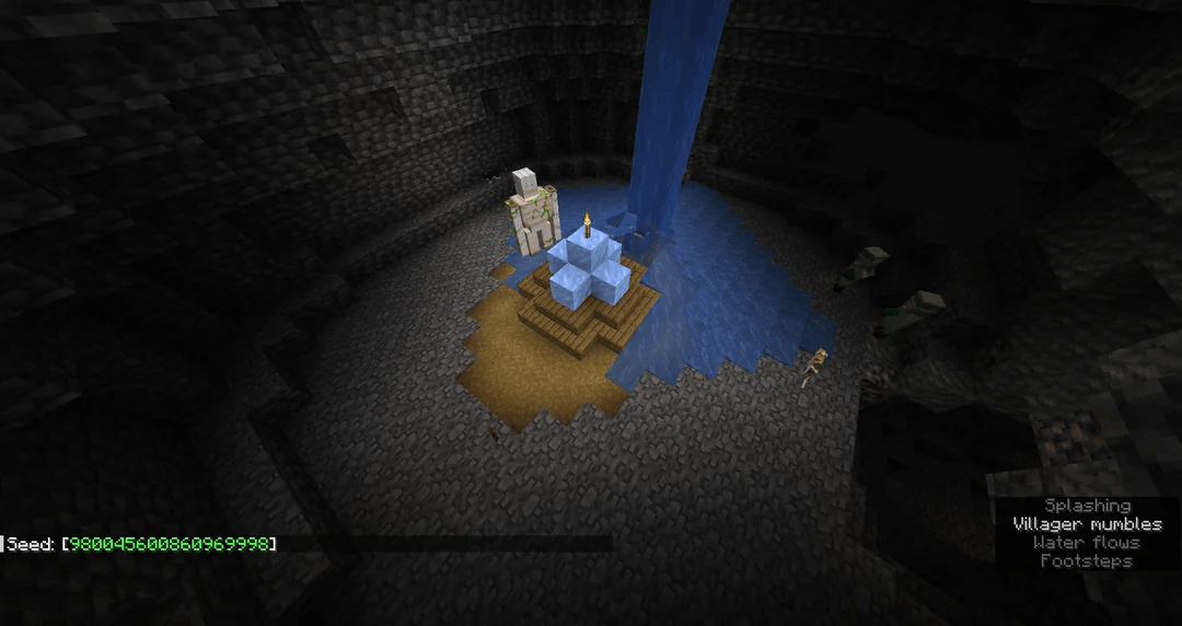 World's Smallest Village in Minecraft - A lonely village center and iron golem trapped in a tiny cave, dramatically lit from above